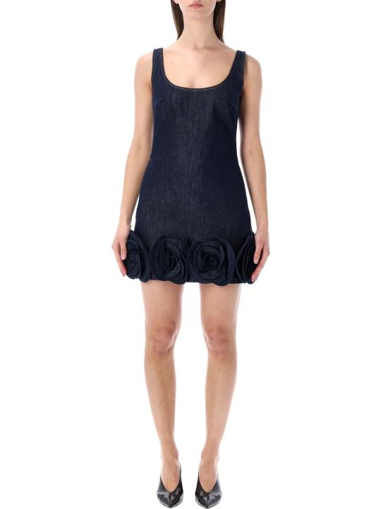  셀프 포트레이트 숏 원피스 데님 플라워 미니 드레스 인디고 블루