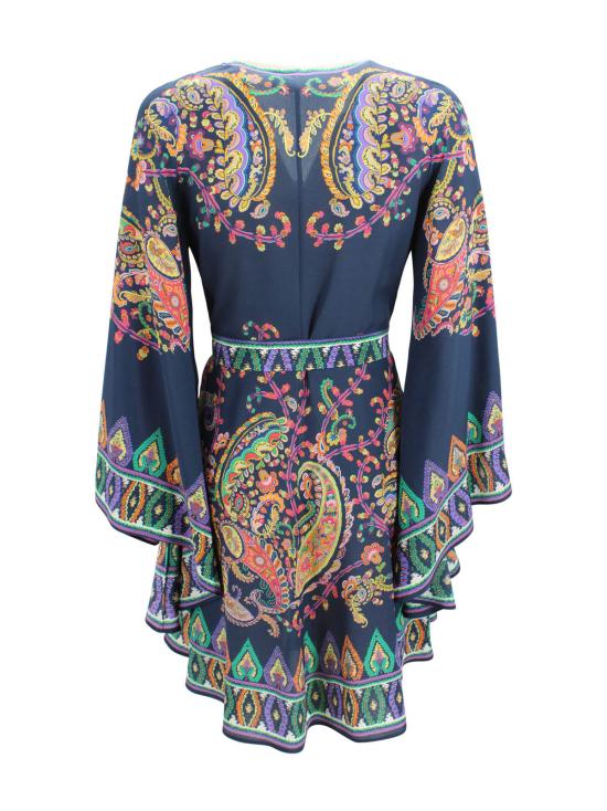  에트로 숏 원피스 페이즐리 프린트 브이넥 매듭 벨트 실크 드레스 네이비 블루 - ETRO