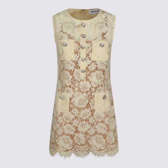  셀프 포트레이트 숏 원피스 플로럴 레이스 민소매 미니 드레스 옐로우