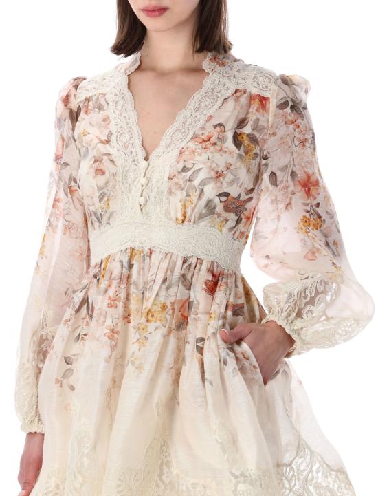  짐머만 숏 원피스 루나 레이스 랜턴 미니 드레스 크림 송 버드 - ZIMMERMANN