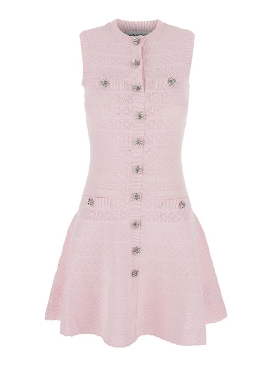  셀프 포트레이트 숏 원피스 핑크 포인트엘 다이아몬드 니트 반팔 메시 디테일 미니 드레스 핑크