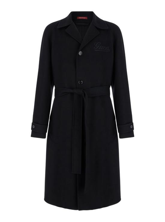  구찌 코트 싱글 브레스트 , 와이드 노치드 리버스 및 벨트 포함, 블랙 울 소재