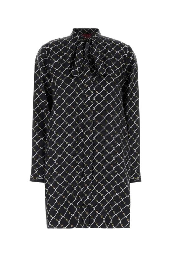  구찌 숏 원피스 프린트 실크 미니 드레스 블랙화이트mc