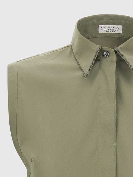 26SS 브루넬로 쿠치넬리 샤이니 트리밍 스트레치 코튼 포플린 슬리브리스 셔츠 M0091MA616 C3066 Green - BRUNELLO CUCINELLI