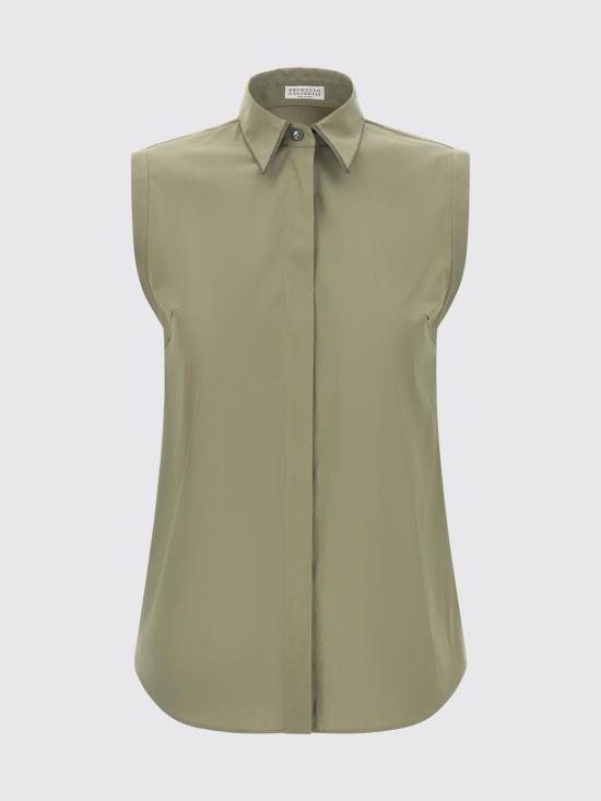 26SS 브루넬로 쿠치넬리 샤이니 트리밍 스트레치 코튼 포플린 슬리브리스 셔츠 M0091MA616 C3066 Green - BRUNELLO CUCINELLI