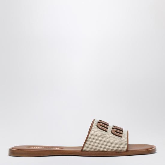 26SS 미우미우 캔버스 및 가죽 슬라이드 5XX644005Q1D F062F BROWN BEIGE