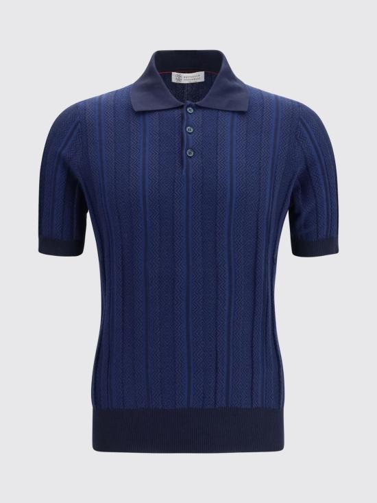 26SS 브루넬로 쿠치넬리 자카드 니트 폴로 셔츠 M29806305 CFP55 Navy - BRUNELLO CUCINELLI
