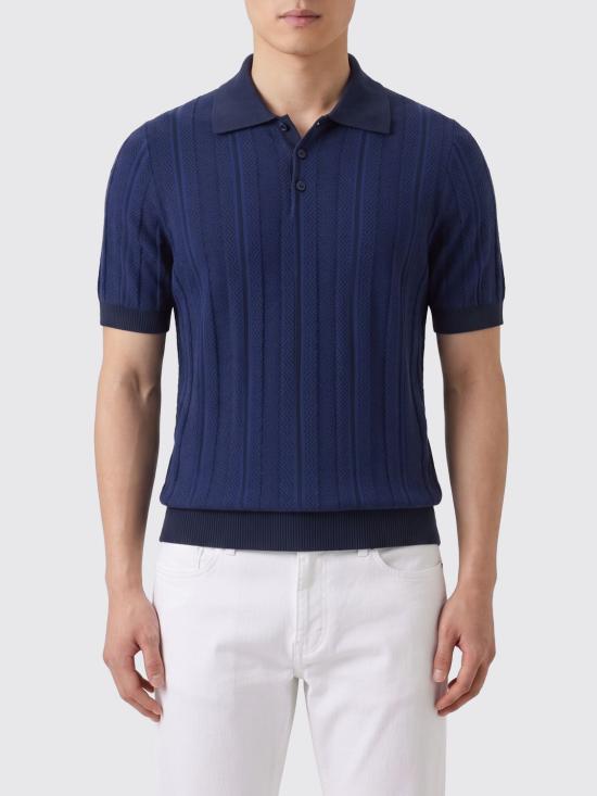 26SS 브루넬로 쿠치넬리 자카드 니트 폴로 셔츠 M29806305 CFP55 Navy