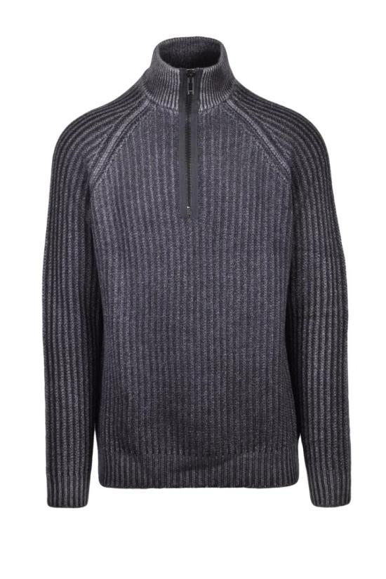  돈답 집업 니트 울 소재 지퍼 모크넥 스웨터 - 블랙/그레이