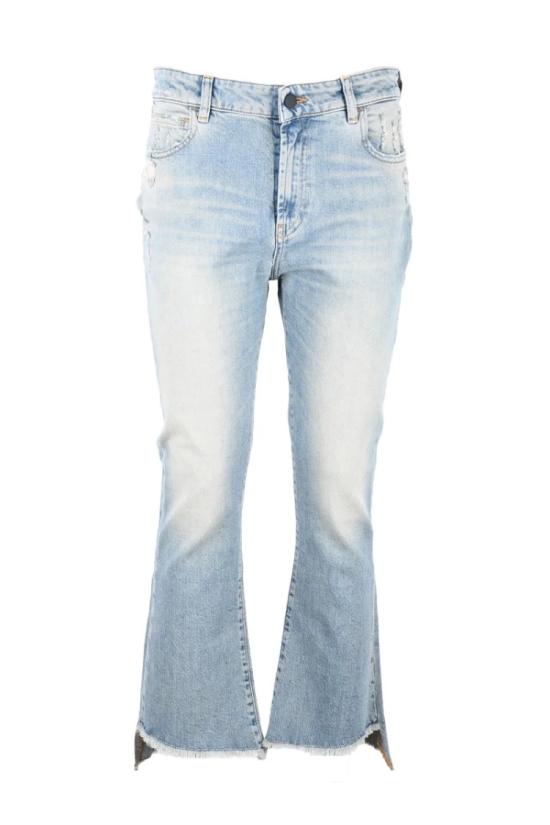  리비아나 콘티 데님 나팔바지 형태의 연청색 청바지