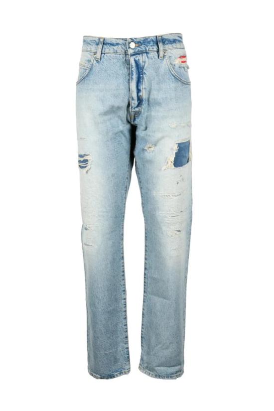  Two Men 데님 면과 삼베 혼방 청바지 - 연한 파란색