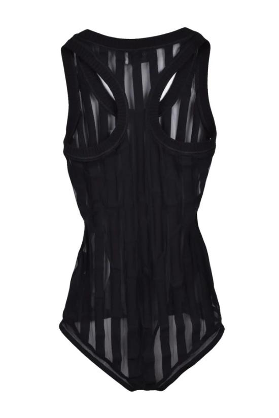 25SS 스포트막스 민소매 티셔츠 시스루 스트라이프 블랙 보디수트 - SPORTMAX