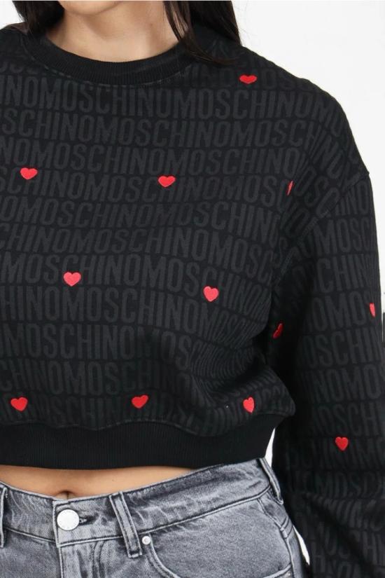  모스키노 긴팔 티셔츠 톤온톤 로고가 있는 크롭 블랙 스웨트셔츠 - MOSCHINO