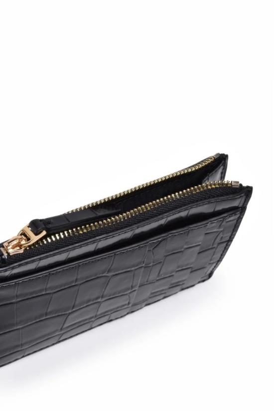 25SS 토리버치 지갑 악어 가죽 질감의 검은색 송아지 가죽 카드 - TORY BURCH