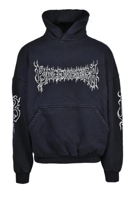  발렌시아가 탑 그래픽 포인트가 있는 오버사이즈 블랙 후드티