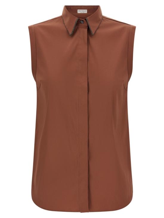 26SS 브루넬로 쿠치넬리 샤이니 트리밍 스트레치 코튼 포플린 슬리브리스 셔츠 M0091MA616C4182 Brown