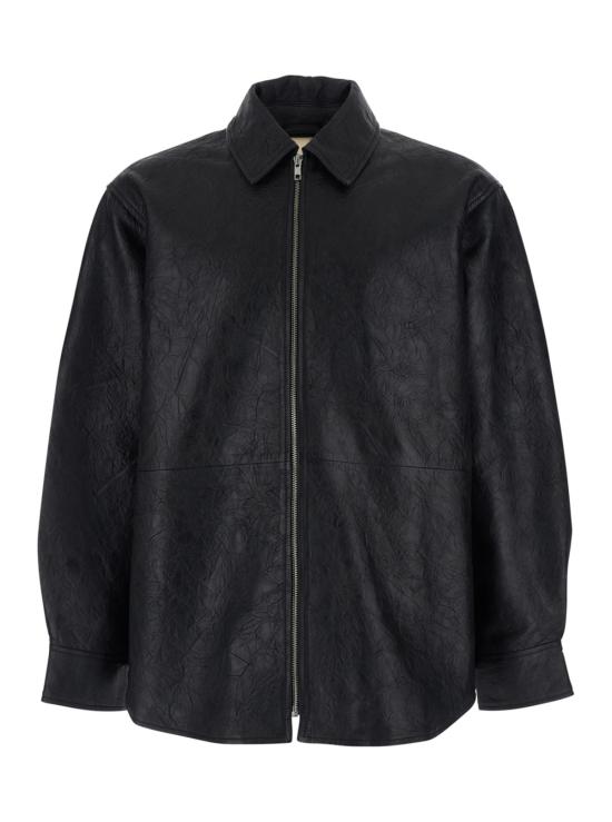  선플라워 가죽 자켓 재킷 6046, 클래식 칼라 및 주름 효과 블랙