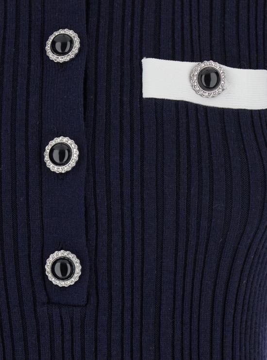  셀프 포트레이트 숏 원피스 미니 드레스 (대조적인 칼라와 보석 단추 장식, 블루) - SELF PORTRAIT