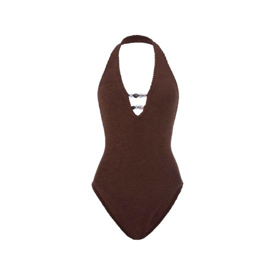 26SS 훈자 지 원피스 수영복 S ADRIANA BDD METCRINKLE MCHOC BROWN