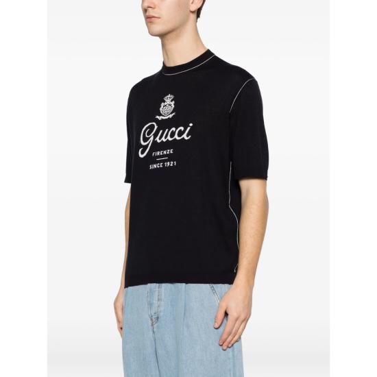 26SS 구찌 프린트 디테일 니트 실크 리넨 티셔츠 851828 XKFC8 4041 BLUE - GUCCI