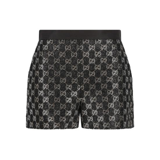 26SS 구찌 자수 울 트위드 라메 쇼츠 853382 ZARWY 1000 BLACK SILVER