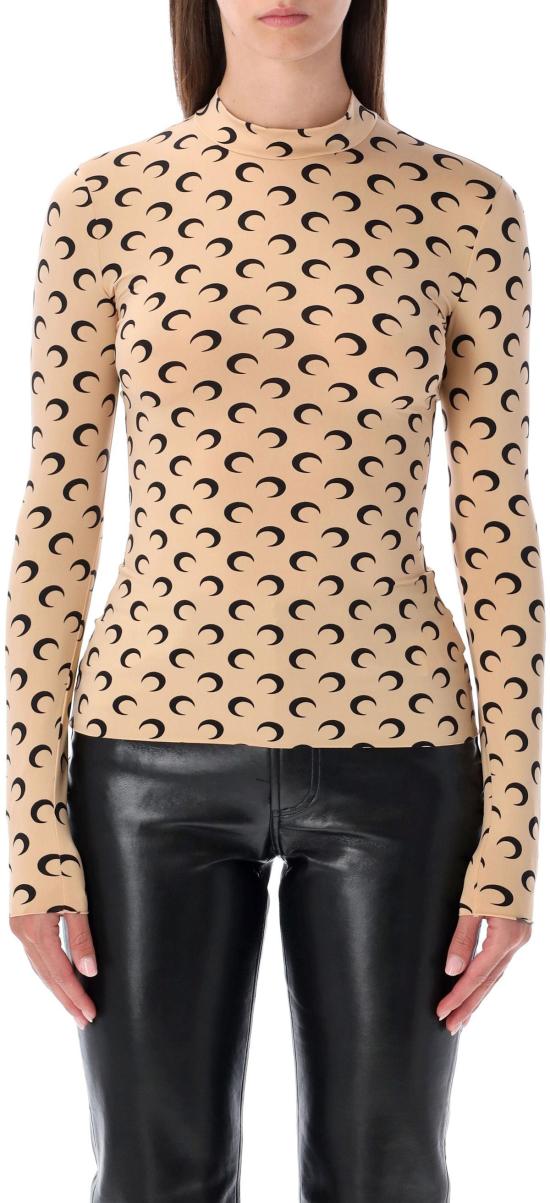 26SS 마린세르 문 프린티드 저지 세컨드 스킨 하이넥 탑 WTS005ACJER0001TA10 BEIGE