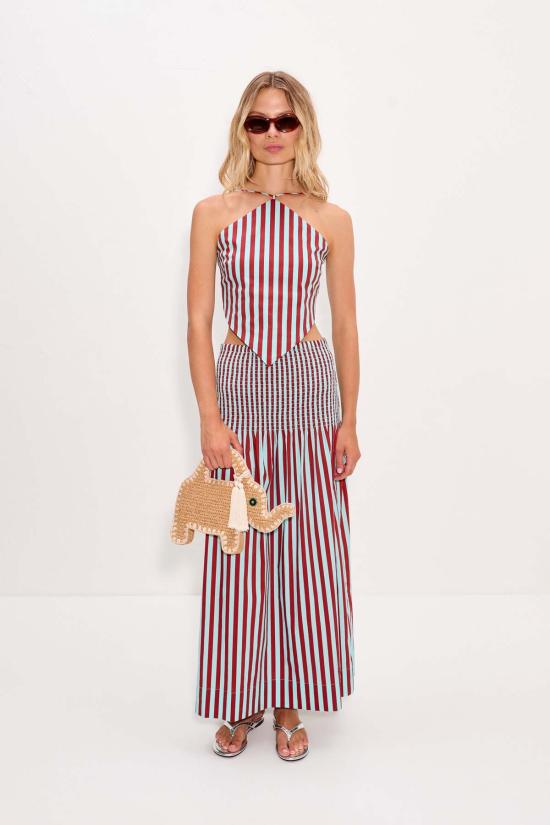  사이먼밀러 롱 스커트 사이먼 밀러 플로어 팝린 스커트 솔티드 블루/크림슨 - SIMONMILLER