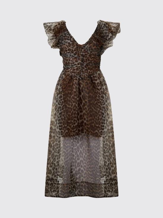 26SS 가니 레오파드 오간자 롱 러치드 드레스 A1030248 859 Multicolor - GANNI
