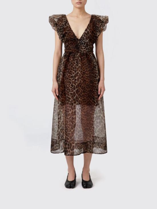 26SS 가니 레오파드 오간자 롱 러치드 드레스 A1030248 859 Multicolor