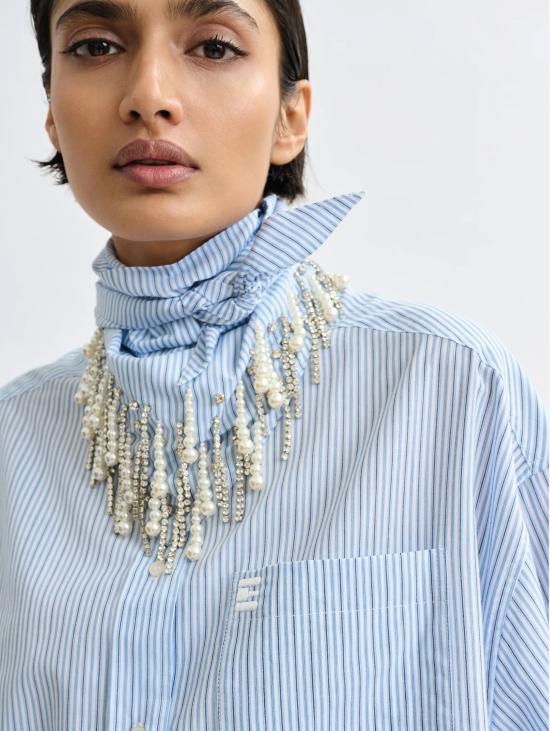 26SS 에센셜앤트워프 셔츠 Camicia a Righe con Foulard 및 Strass Celeste - ESSENTIEL ANTWERP