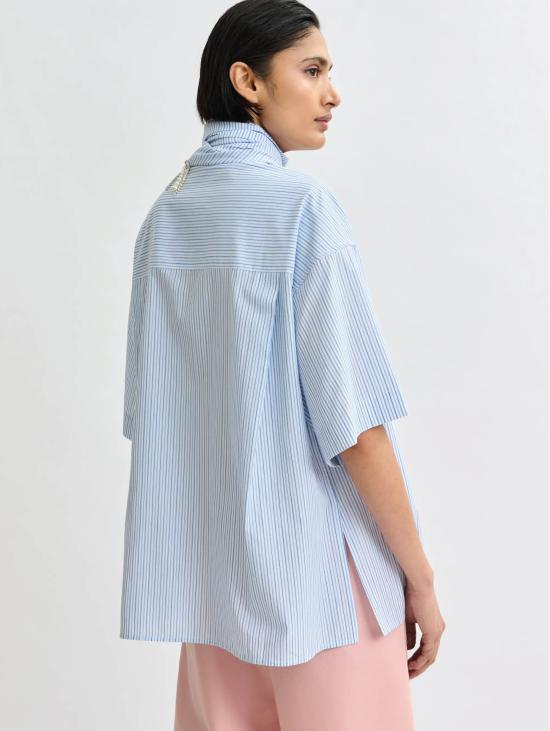 26SS 에센셜앤트워프 셔츠 Camicia a Righe con Foulard 및 Strass Celeste - ESSENTIEL ANTWERP