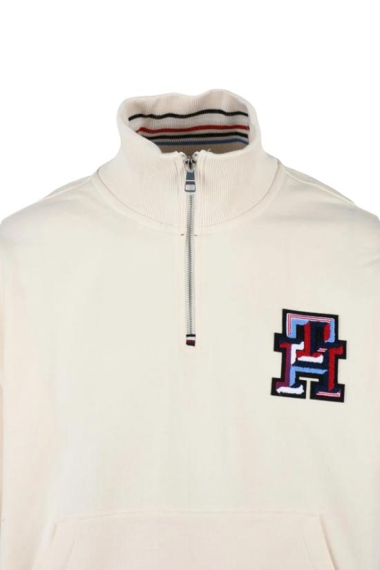 25SS 타미힐피거 탑 크림색 면 남성용 지퍼넥 스웨트셔츠 - TOMMY HILFIGER