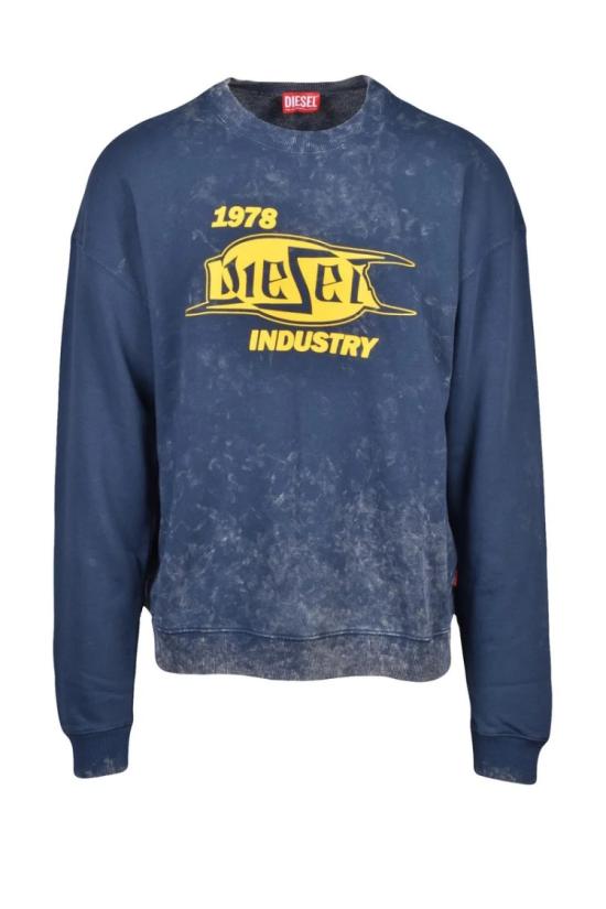  디젤 탑 파란색/노란색 면 남성용 크루넥 스웨트셔츠