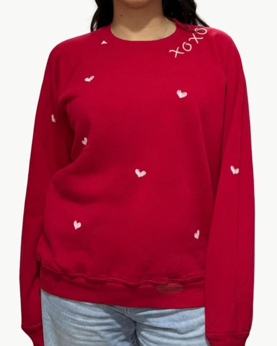  아이 스톨 마이 보이프렌즈 셔츠 스웨터 남자친구 셔츠를 훔쳤어요! "Xoxo"라고 적힌 하얀 하트 무늬 크루넥 스웨트셔츠 (빨간색)