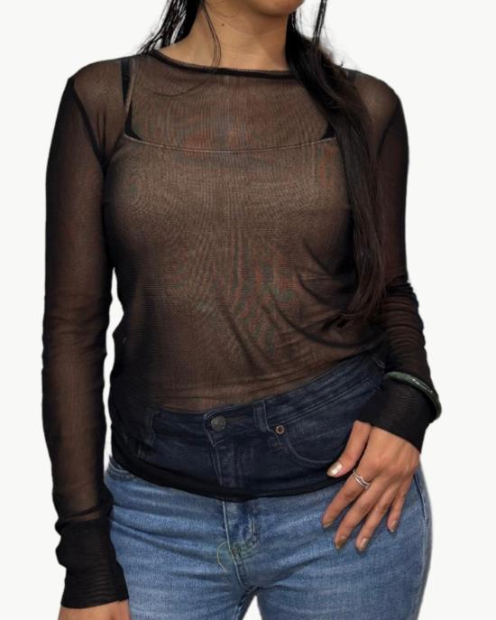  브라조 트리콧 긴팔 티셔츠 브라조 트리코 실크 튤 탑 블랙 - BRAZEAU TRICOT