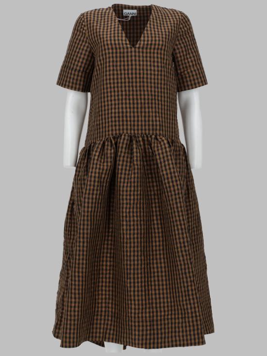 26SS 가니 크링클 체크 롱 드레스 A1030137 925 BROWN