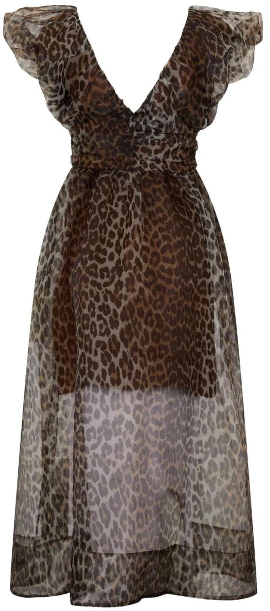 26SS 가니 레오파드 오간자 롱 러치드 드레스 A1030248859 BROWN