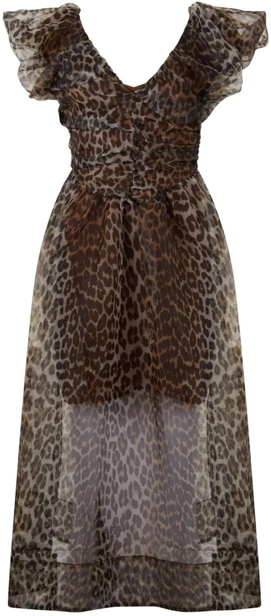 26SS 가니 레오파드 오간자 롱 러치드 드레스 A1030248859 BROWN - GANNI