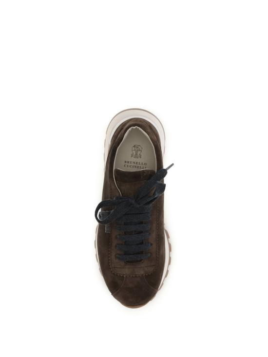 26FW 브루넬로 쿠치넬리 샤이니 탭 디테일 스웨이드 러닝 스니커즈 MZSFG2110P C9885 BROWN - BRUNELLO CUCINELLI