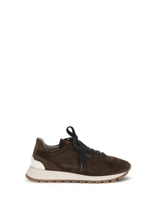 26FW 브루넬로 쿠치넬리 샤이니 탭 디테일 스웨이드 러닝 스니커즈 MZSFG2110P C9885 BROWN