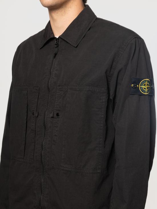 26SS 스톤 아일랜드 긴팔 셔츠 Ripstop di Cotone Organico Nero 소재의 오버 - STONE ISLAND