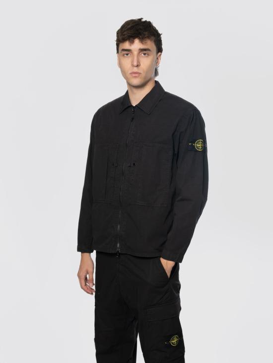 26SS 스톤 아일랜드 긴팔 셔츠 Ripstop di Cotone Organico Nero 소재의 오버 - STONE ISLAND