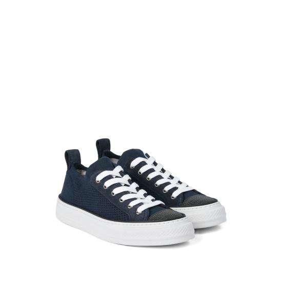 26SS 브루넬로 쿠치넬리 프레셔스 토 코튼 니트 & 스웨이드 스니커즈 MZ35G2650 C4224 BLUE - BRUNELLO CUCINELLI