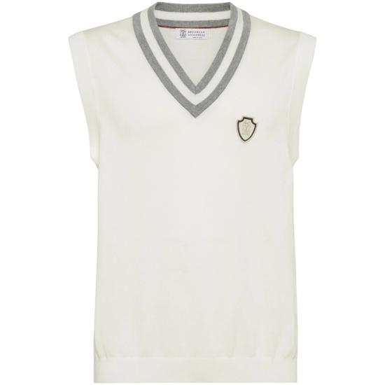26SS 브루넬로 쿠치넬리 로고 장식 코튼 니트 베스트 M29203607F CJ068 WHITE