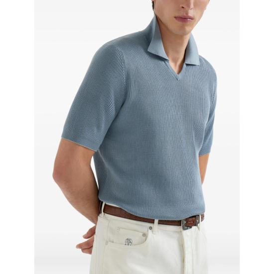 26SS 브루넬로 쿠치넬리 잉글리시 립 코튼 니트 폴로셔츠 M29400015 CMM56 BLUE - BRUNELLO CUCINELLI