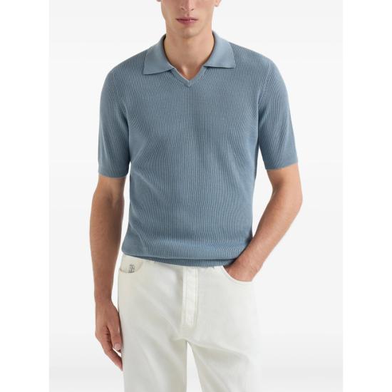 26SS 브루넬로 쿠치넬리 잉글리시 립 코튼 니트 폴로셔츠 M29400015 CMM56 BLUE - BRUNELLO CUCINELLI