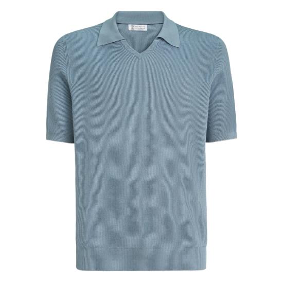 26SS 브루넬로 쿠치넬리 잉글리시 립 코튼 니트 폴로셔츠 M29400015 CMM56 BLUE