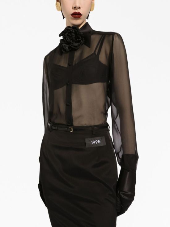  돌체앤가바나 새틴 디테일 실크 쉬폰 셔츠 F5R42T FU1AT Black - DOLCE & GABBANA