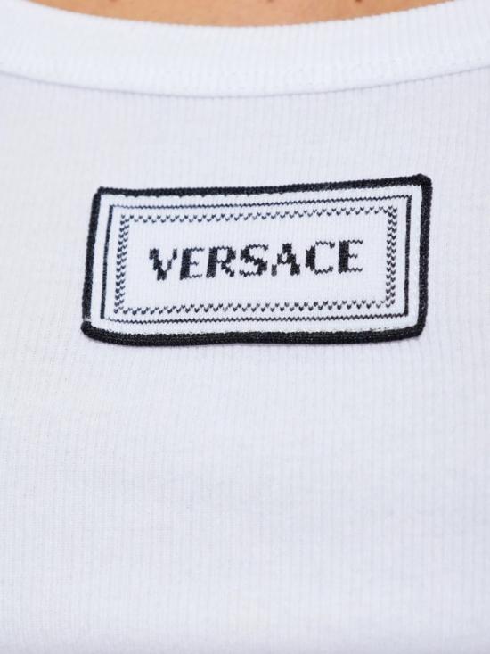 26SS 베르사체 로고 패피 리브드 스트레치 코튼 탱크탑 1023210 1A17222 White - VERSACE