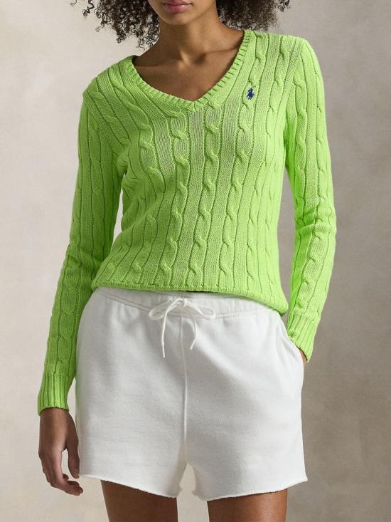 26SS 폴로 랄프로렌 포니로고 피마 코튼 케이블 니트 V넥 스웨터 211 971870 Green - POLO RALPH LAUREN